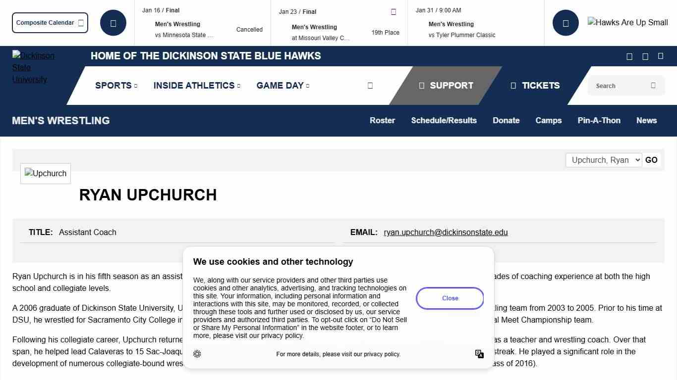 Ryan Upchurch - Assistant Coach - Men's Wrestling Support Staff - Dickinson State University